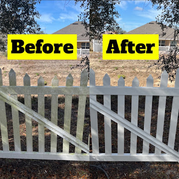 Vinyl fence before and after pressure washing
