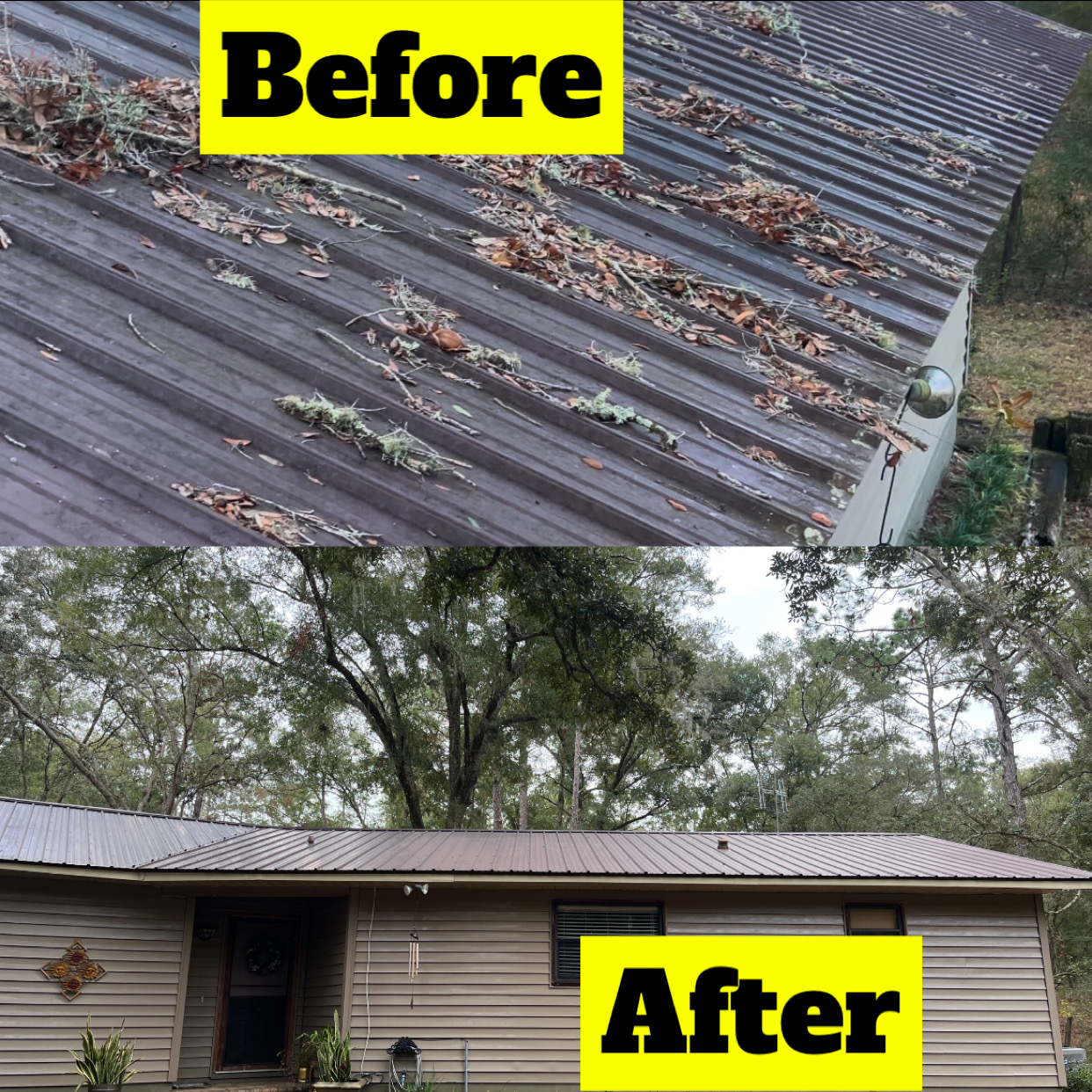Metal roof before and after cleaning